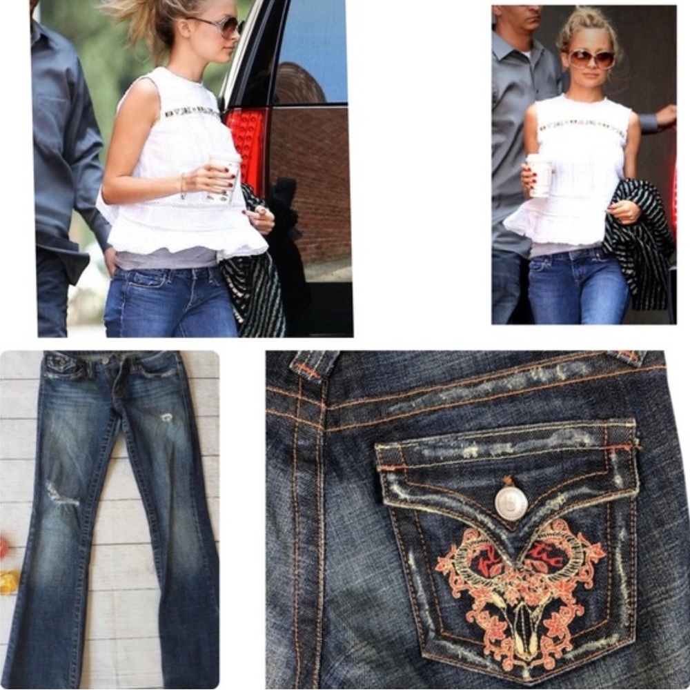 RARE Y2K Ultra Low Rise Distressed Hip-Huggers Embroidery Jeans Nicole Richie